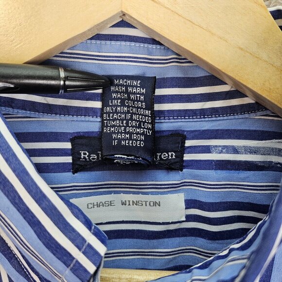 Ralph Lauren Navy Blue Button-Down Shirt Teen Size XL Striped Oxford Long Sleeve - Picture 5 of 10